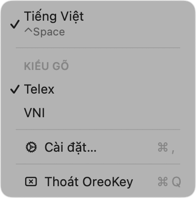 Menu OreoKey trên thanh menu macOS: bật/tắt Tiếng Việt, kiểu gõ Telex/VNI, Cài đặt