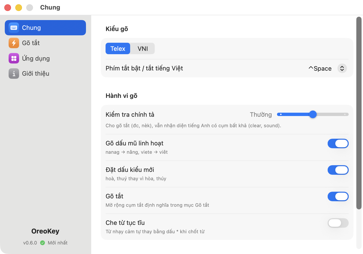 Cửa sổ Cài đặt OreoKey với các tab Chung, Gõ tắt, Ứng dụng, Giới thiệu